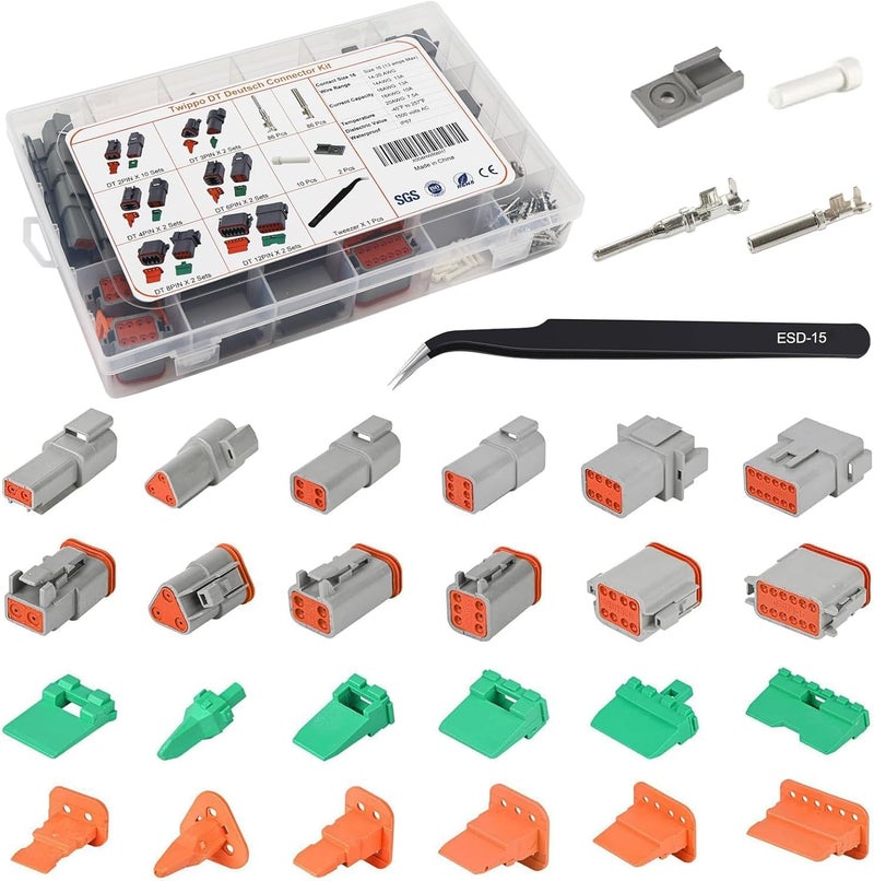 Twippo Deutsch Connector Kit 20 Sets, 2/3/4/6/8/12 Pin DT Connector Kit, Automotive Waterproof Wire Connectors, Electrical Connectors Kit with 16# Stamped Contacts for Car, RV, Truck Wiring 22-16AWG - Image 1